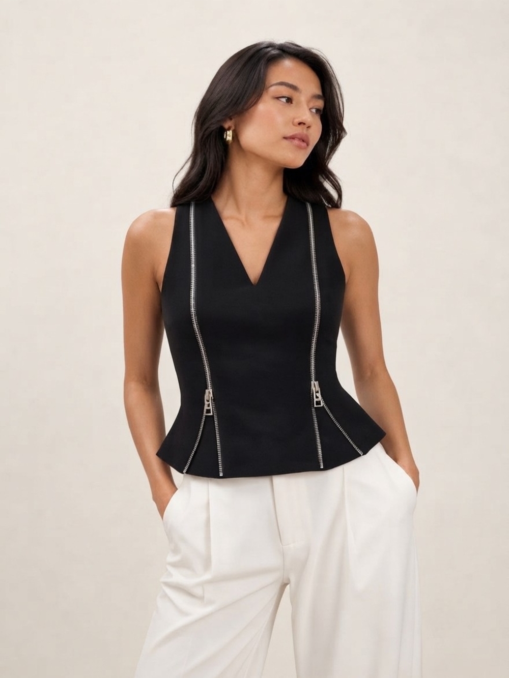 Zara Black Sleeveless Peplum Top Silver Zip Details Chic L Office Siren Feminine